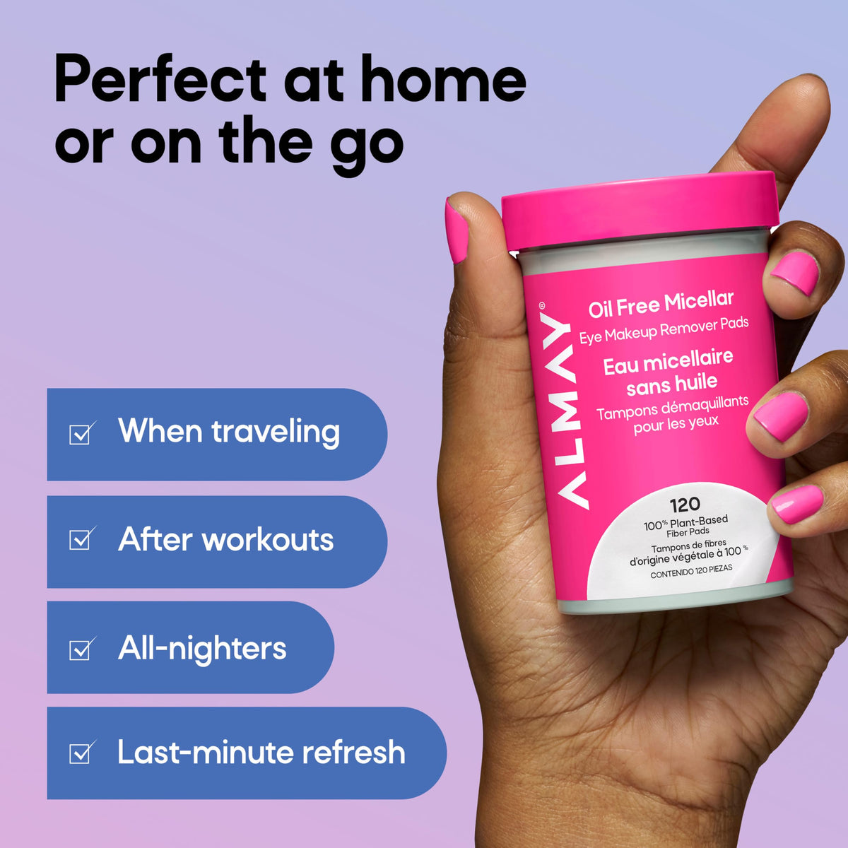 Almay pads on bathroom counter in use conveying quick nighttime routine