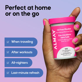 Almay pads on bathroom counter in use conveying quick nighttime routine