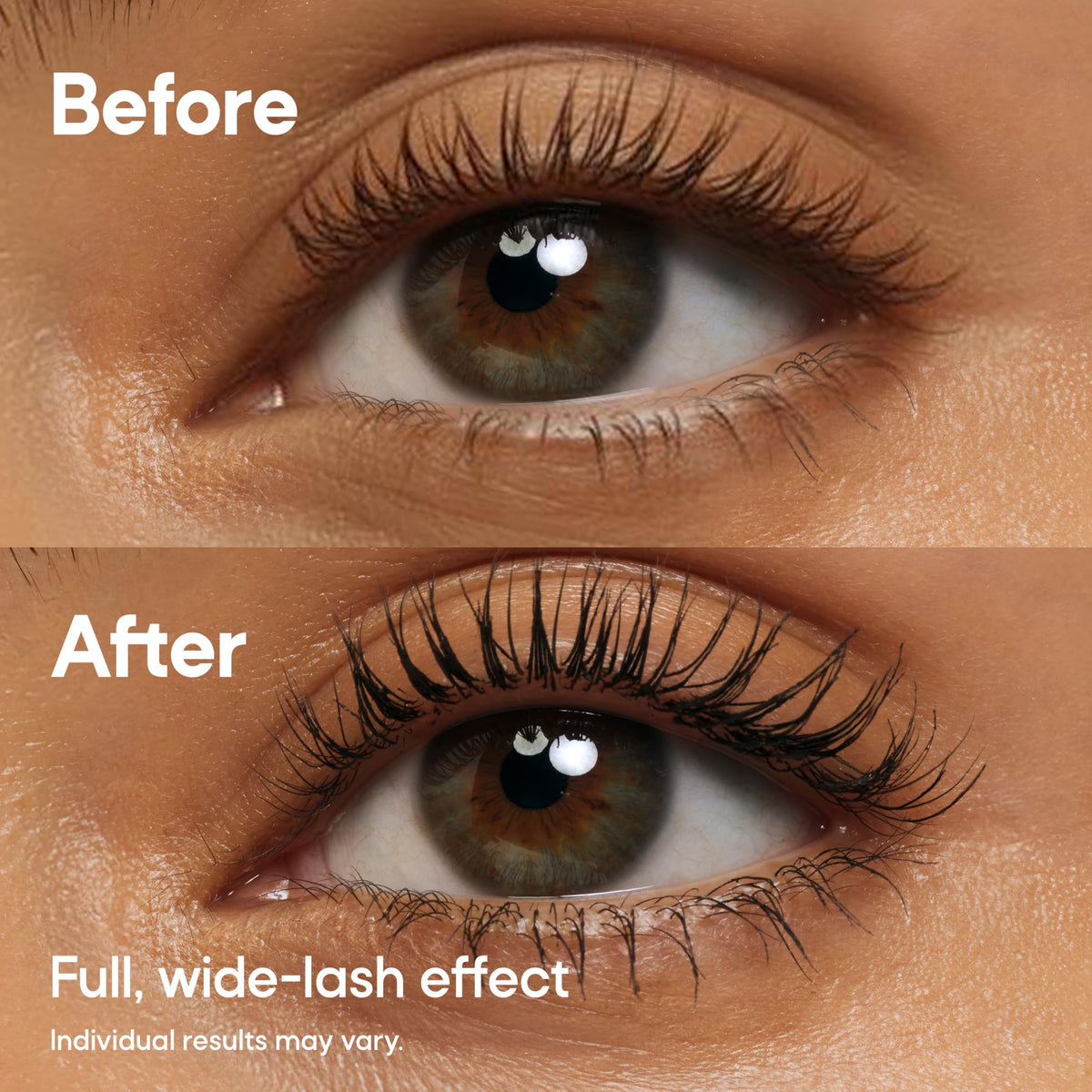 Almay before and after lashes demonstrating thicker, fuller effect