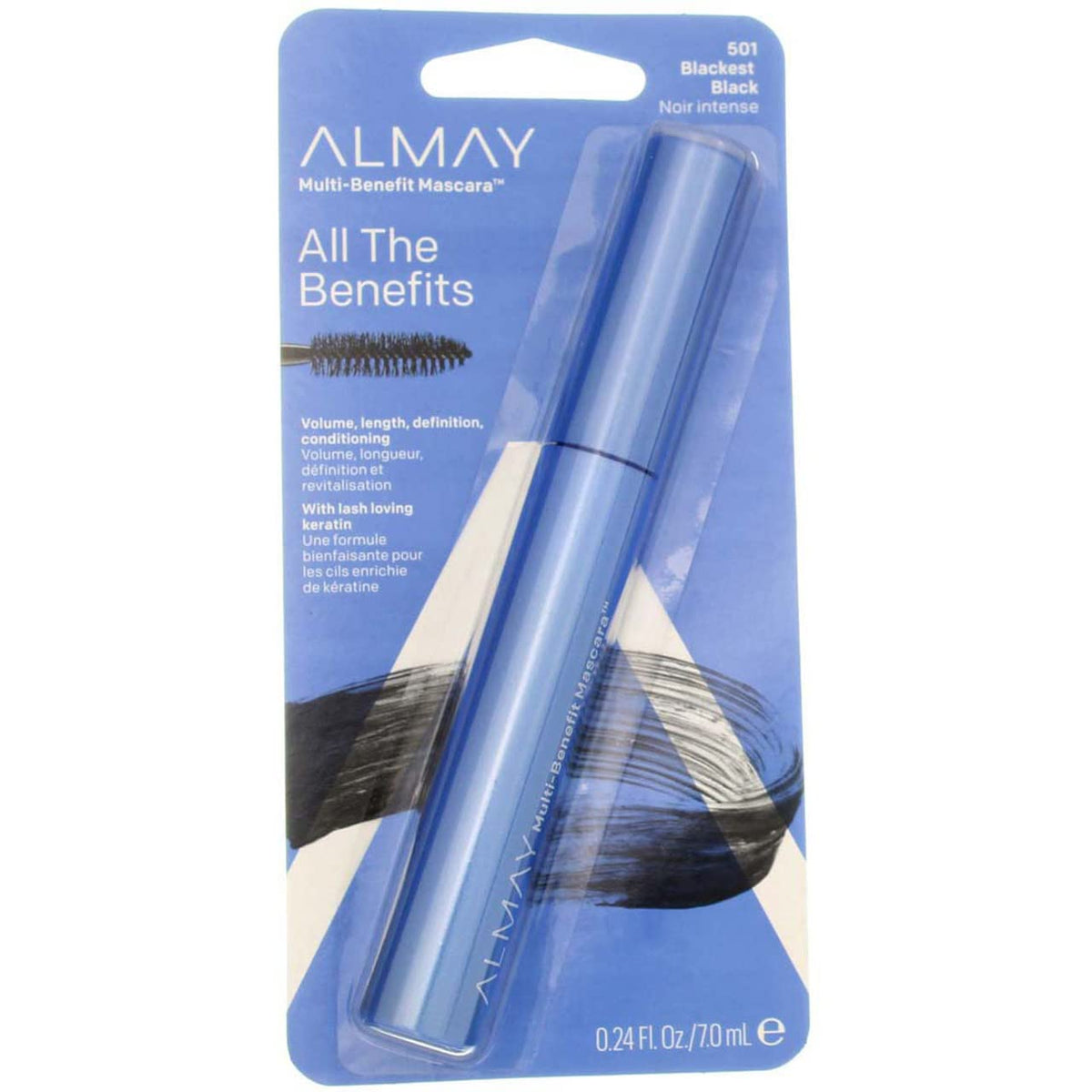 Almay mascara front packaging showing blackest black shade and dual tubes benefit
