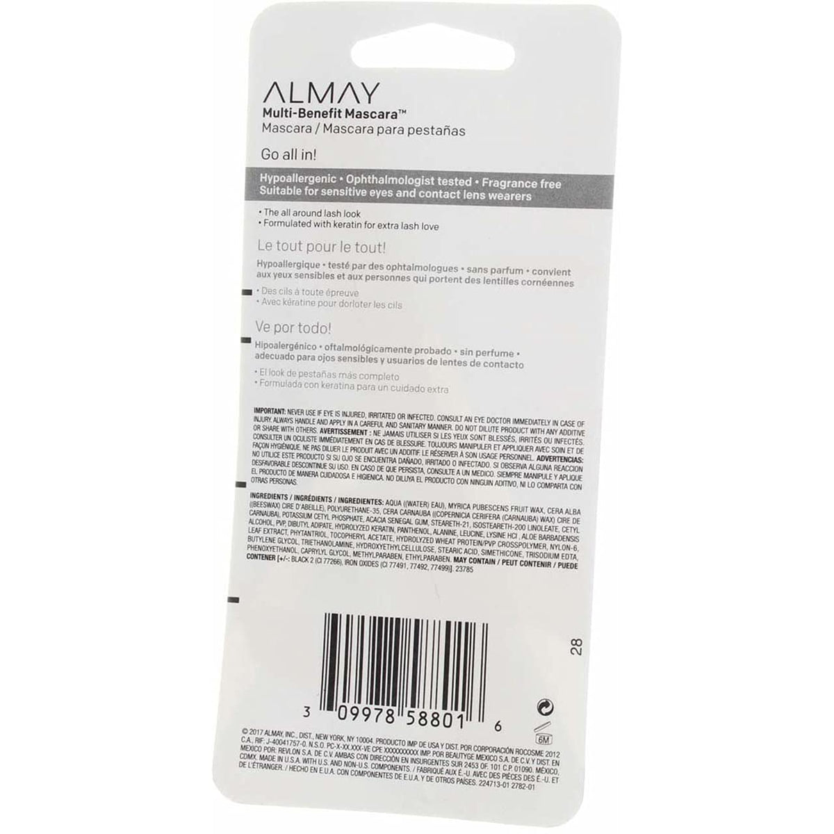 Almay mascara label close-up highlighting gentle formula and ingredient clarity