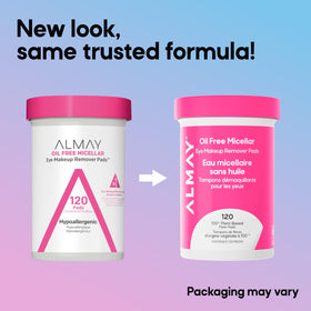 Almay packaging close-up emphasizing 50% recycled jar for sustainability