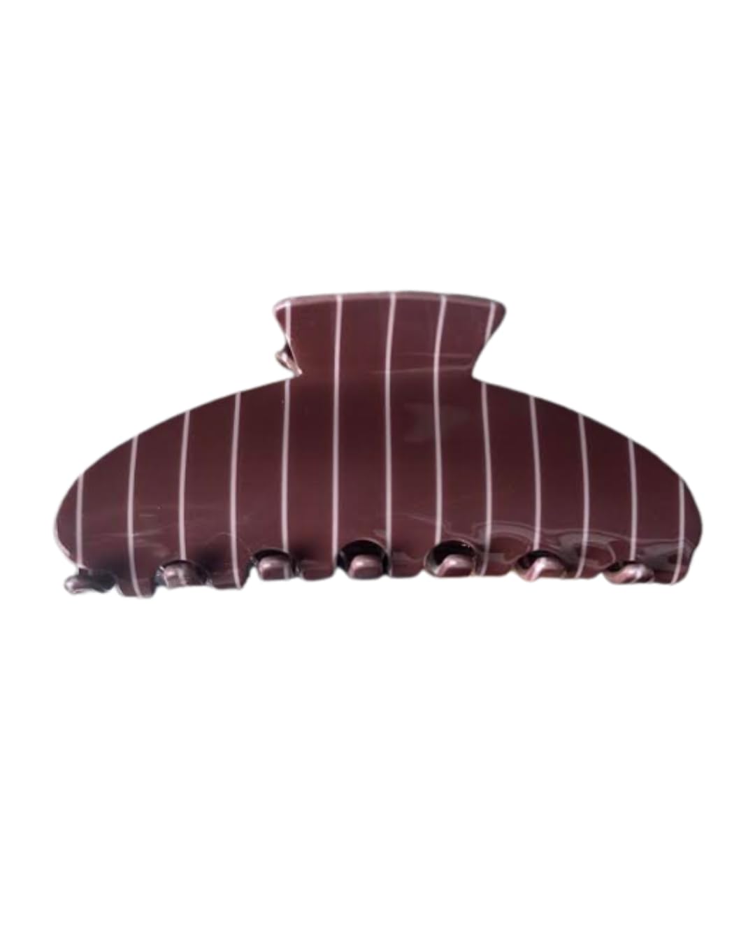 Almere brown thin-stripe claw clip front view showing shape and pattern for versatile styling