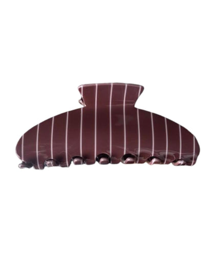 Almere brown thin-stripe claw clip front view showing shape and pattern for versatile styling