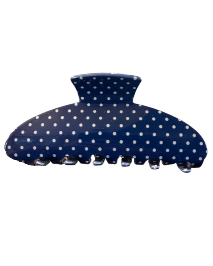 Almere navy and white polka dot clip front view showing pattern and secure hold