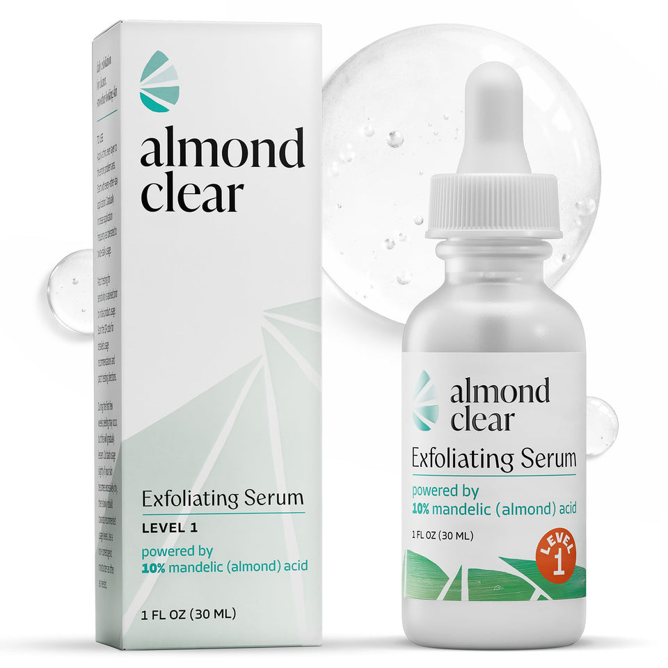 Almond Clear bottle front view showing clean label and compact design for daily use
