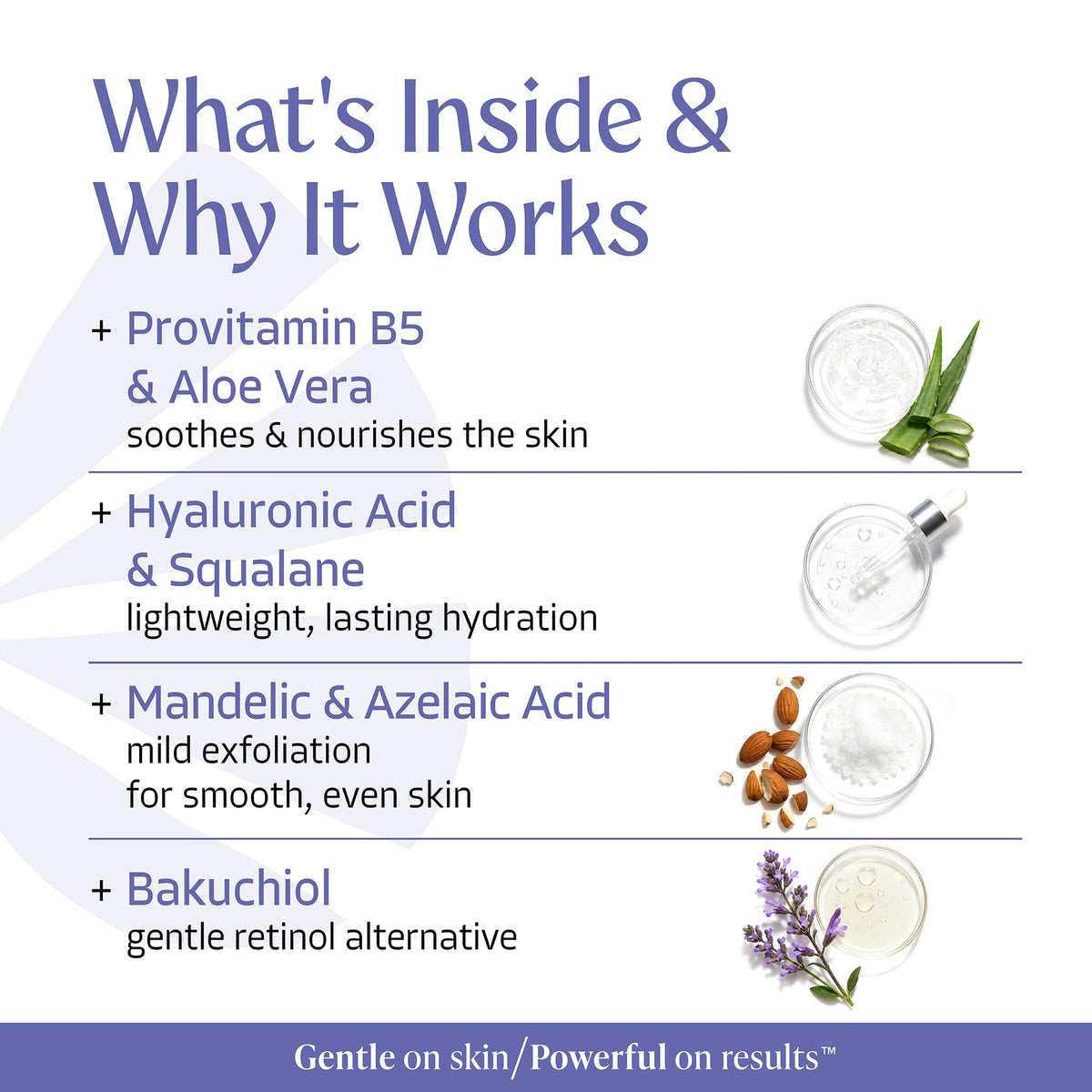 Almond Clear with mandelic acid and squalane ingredient bottles illustrating active benefits