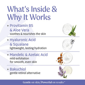 Almond Clear with mandelic acid and squalane ingredient bottles illustrating active benefits