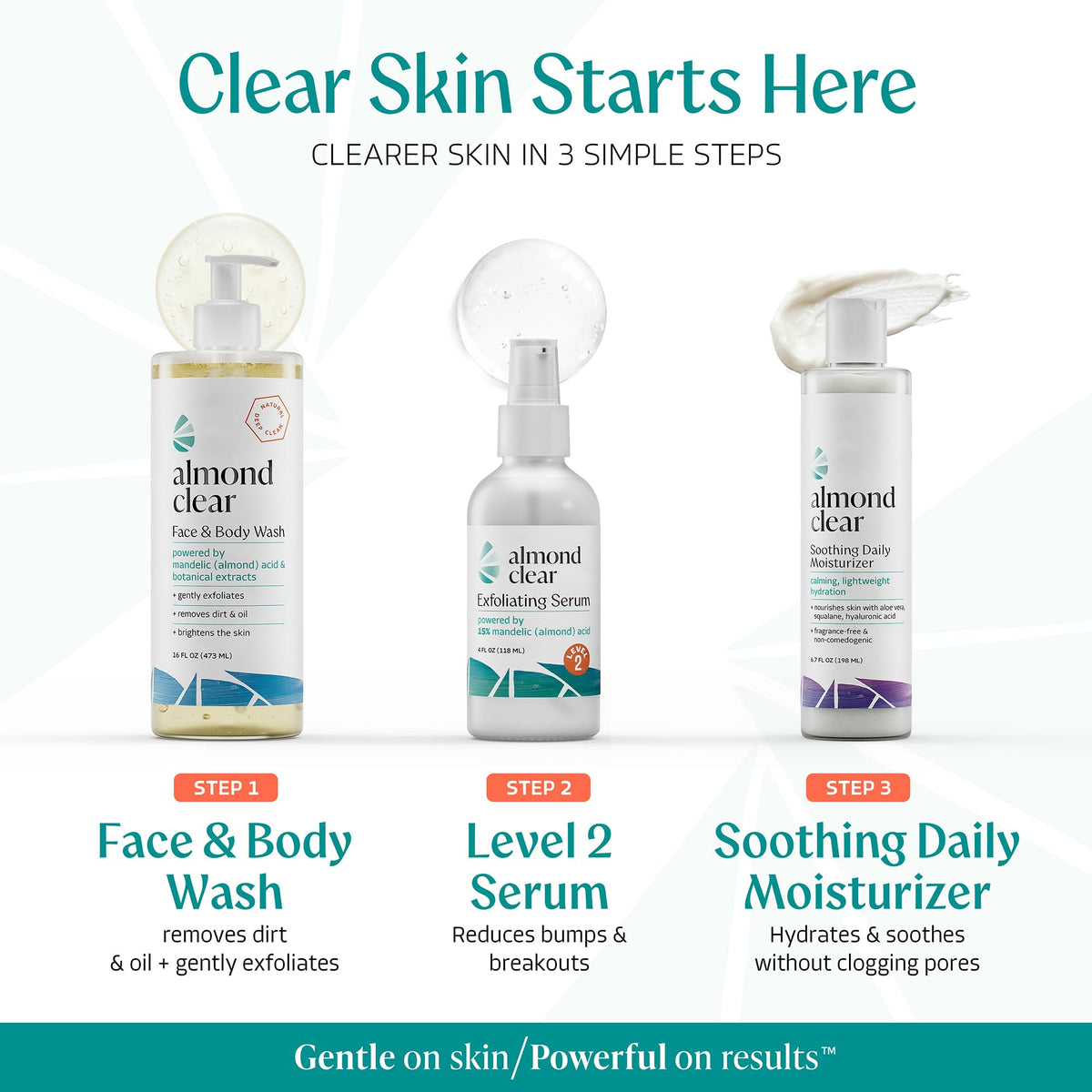 Almond Clear bottle staged in bathroom to show routine-friendly, daily use
