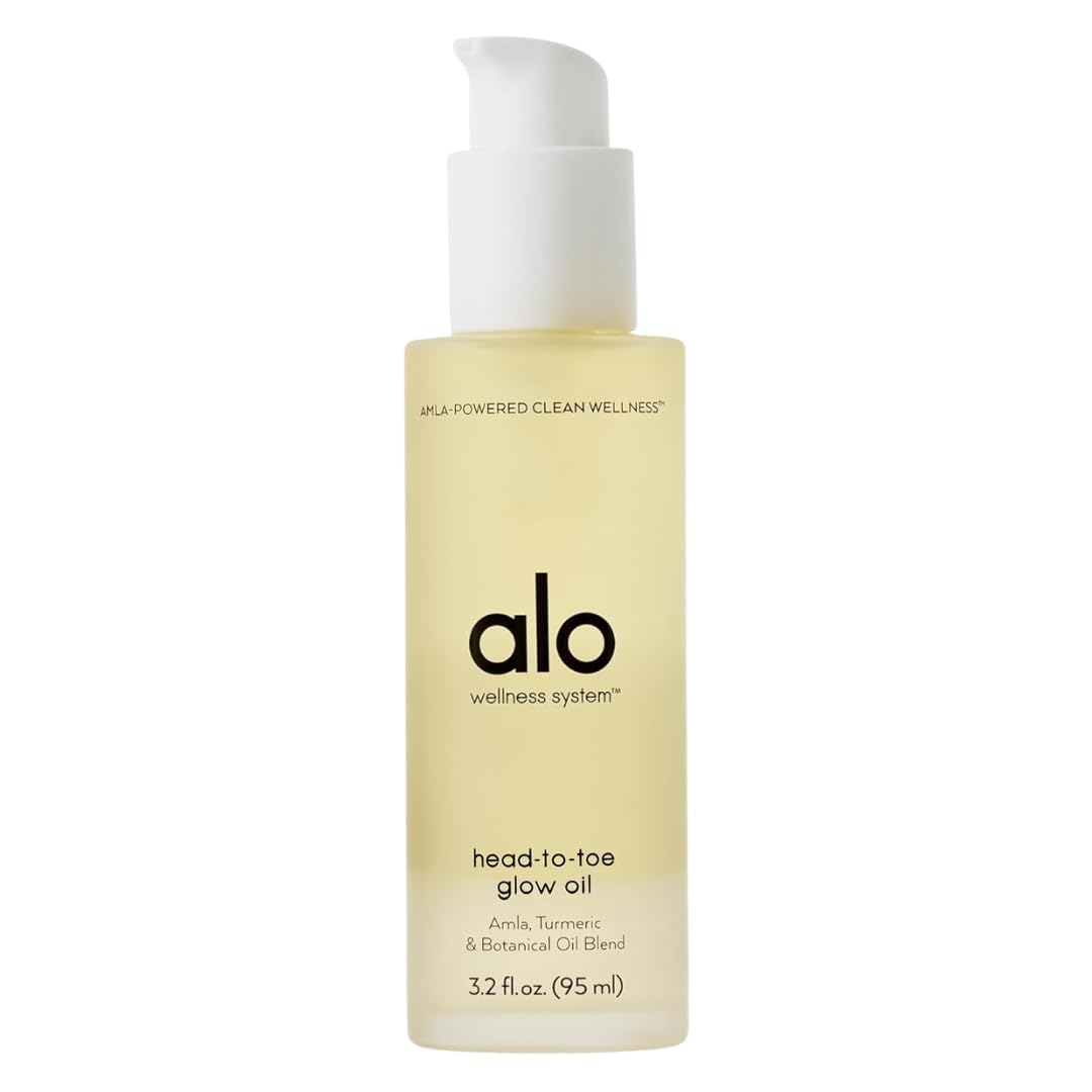 Alo bottle front view showing citrus-scented glow oil and packaging benefit