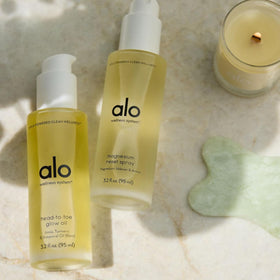 Alo ingredients flatlay with amla and aloe emphasizing nourishing botanicals