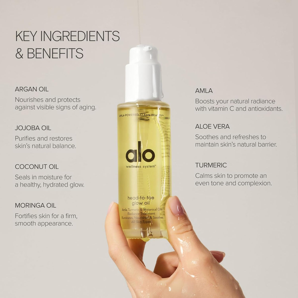 Alo pump close-up highlighting easy-dispense and mess-free application