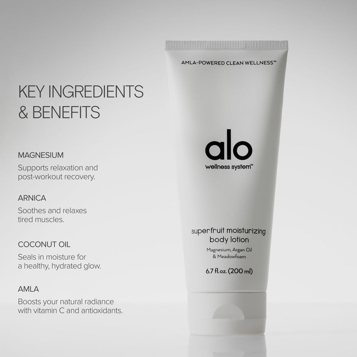 Alo Superfruit lotion texture on hand demonstrating fast-absorbing, non-greasy hydration benefit