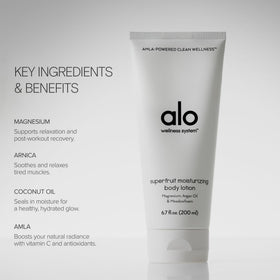 Alo Superfruit lotion texture on hand demonstrating fast-absorbing, non-greasy hydration benefit