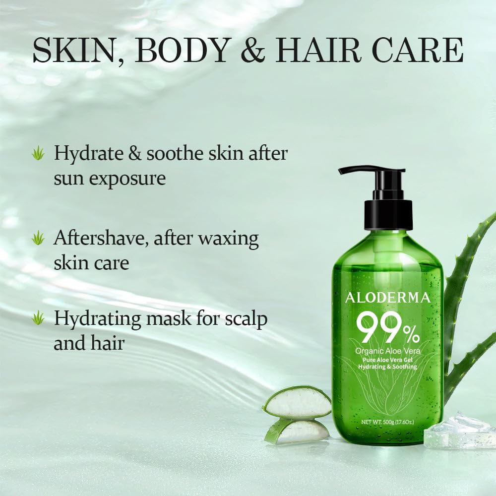 Aloderma gel texture close-up highlighting lightweight, non-sticky hydration and quick absorption
