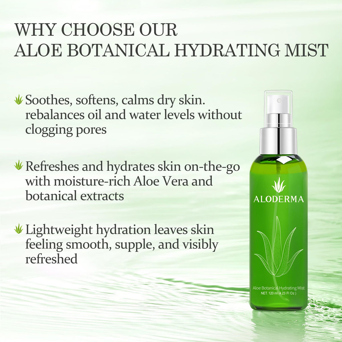 Aloderma fine mist spray close-up delivering even cooling hydration