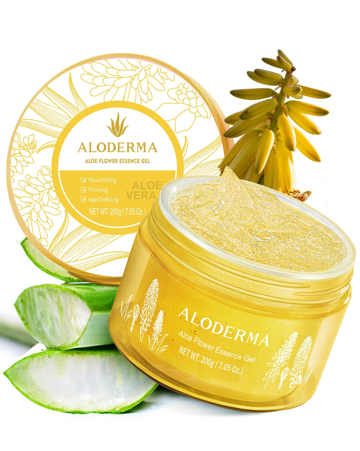 Aloderma front packaging showing jar and label, conveys professional quality