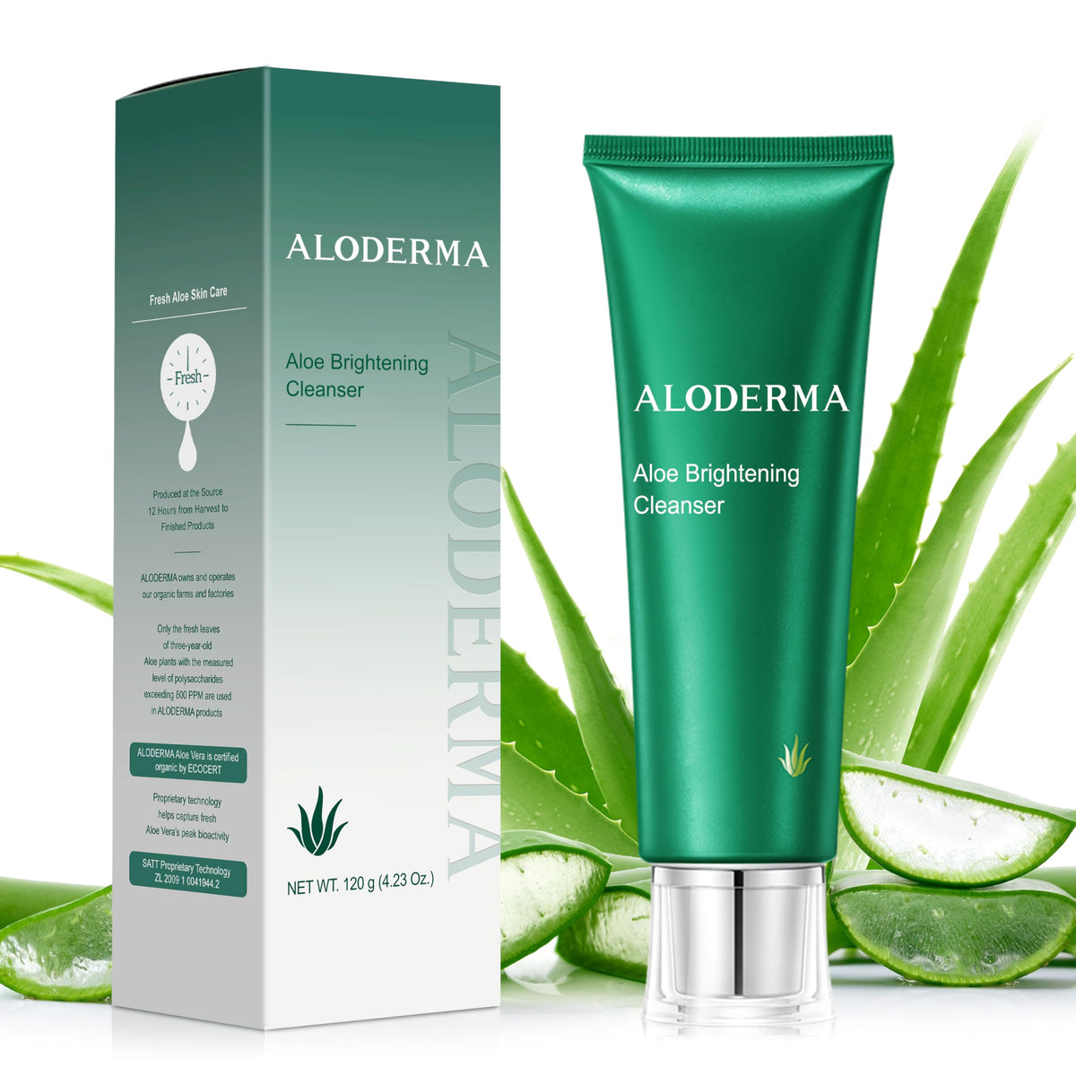 Aloderma front packaging showing cleanser and organic claims for fresh radiance