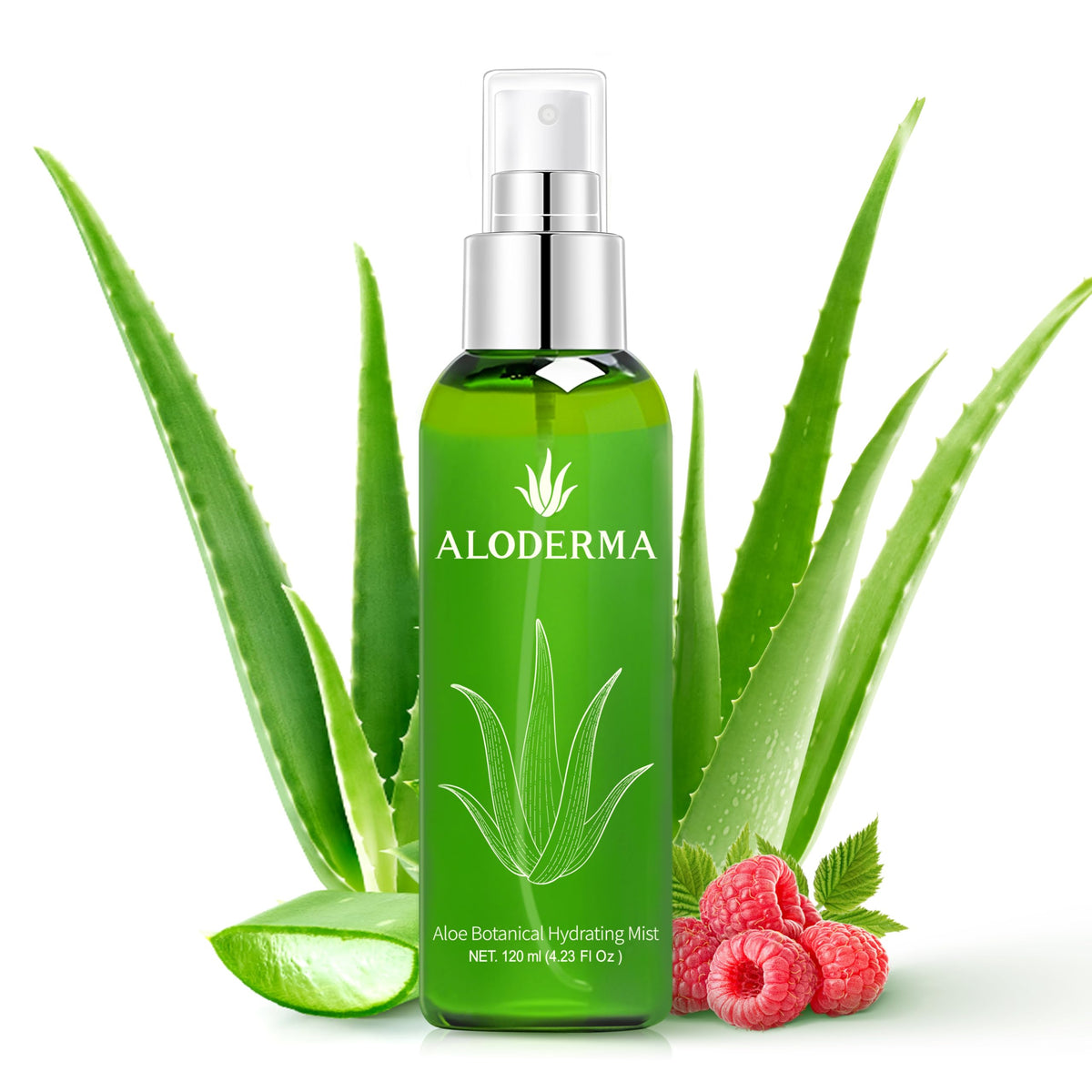 Aloderma front packaging showing clear hydrating mist for daily use