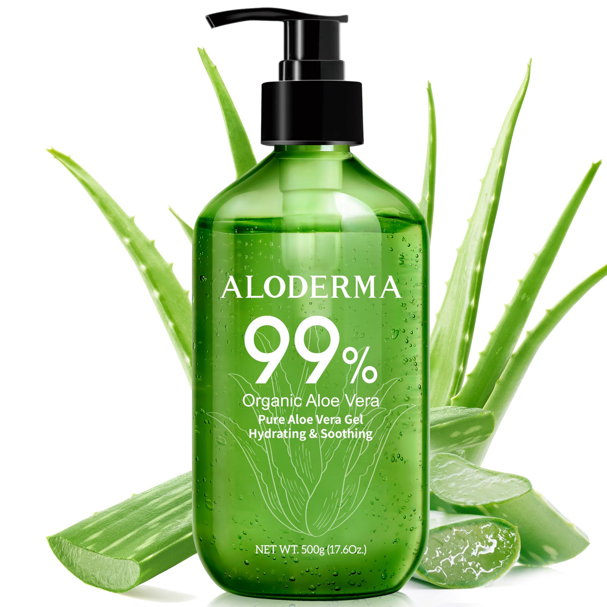 Aloderma front pump bottle showing large 17.6oz size and pump convenience for easy dispensing