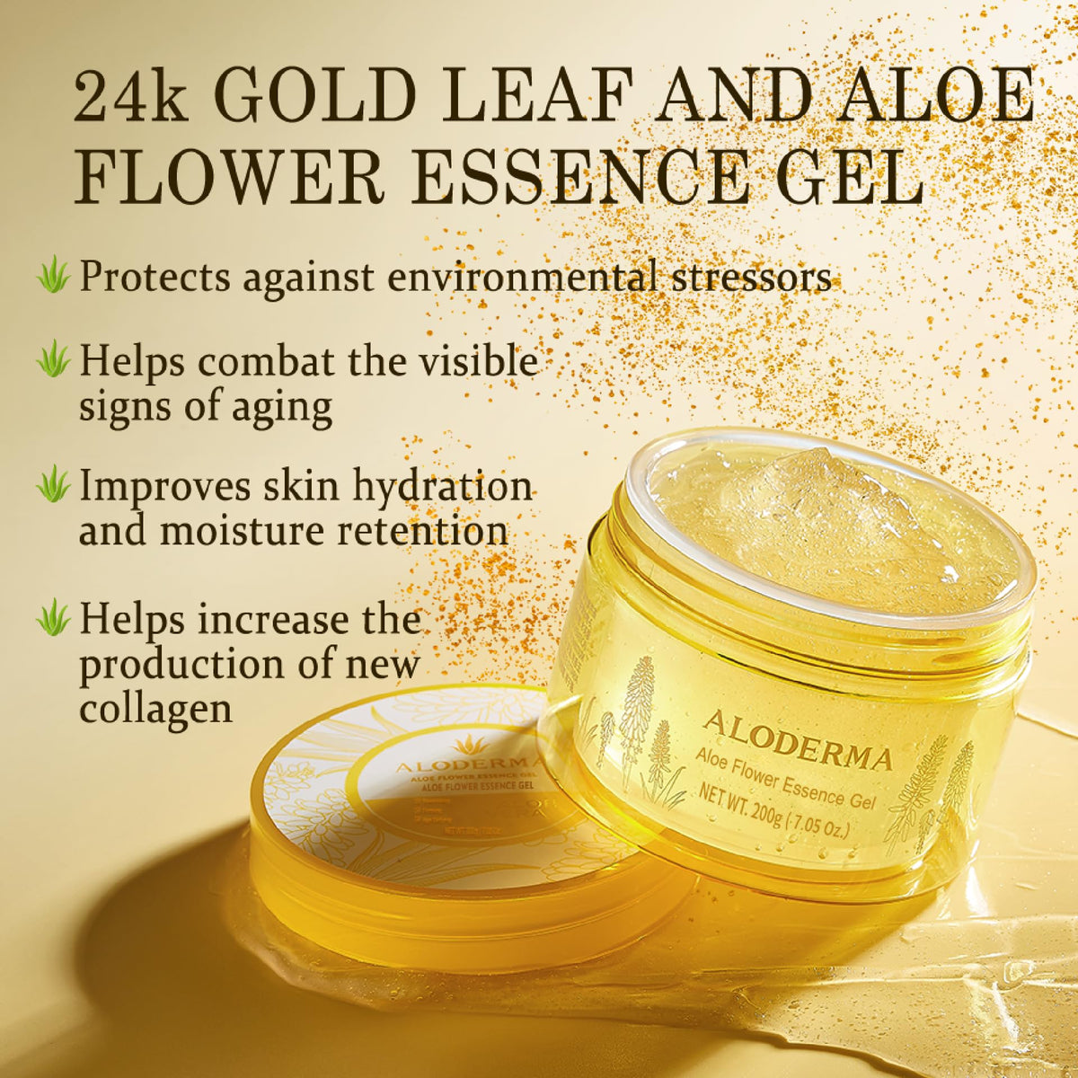 Aloderma 24K gold leaf close-up on gel, adds visible luminous benefit