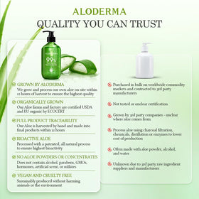 Aloderma label close-up featuring organic certifications and ingredient trust