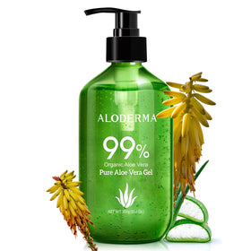 Aloderma pump bottle front view showing packaging and pump dispenser benefit