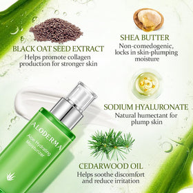 Aloderma dispenser releasing lotion, highlighting easy pump use and controlled amount