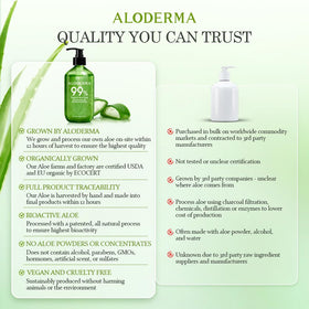 Hand holding Aloderma bottle for scale to emphasize the value-sized 17.6oz capacity