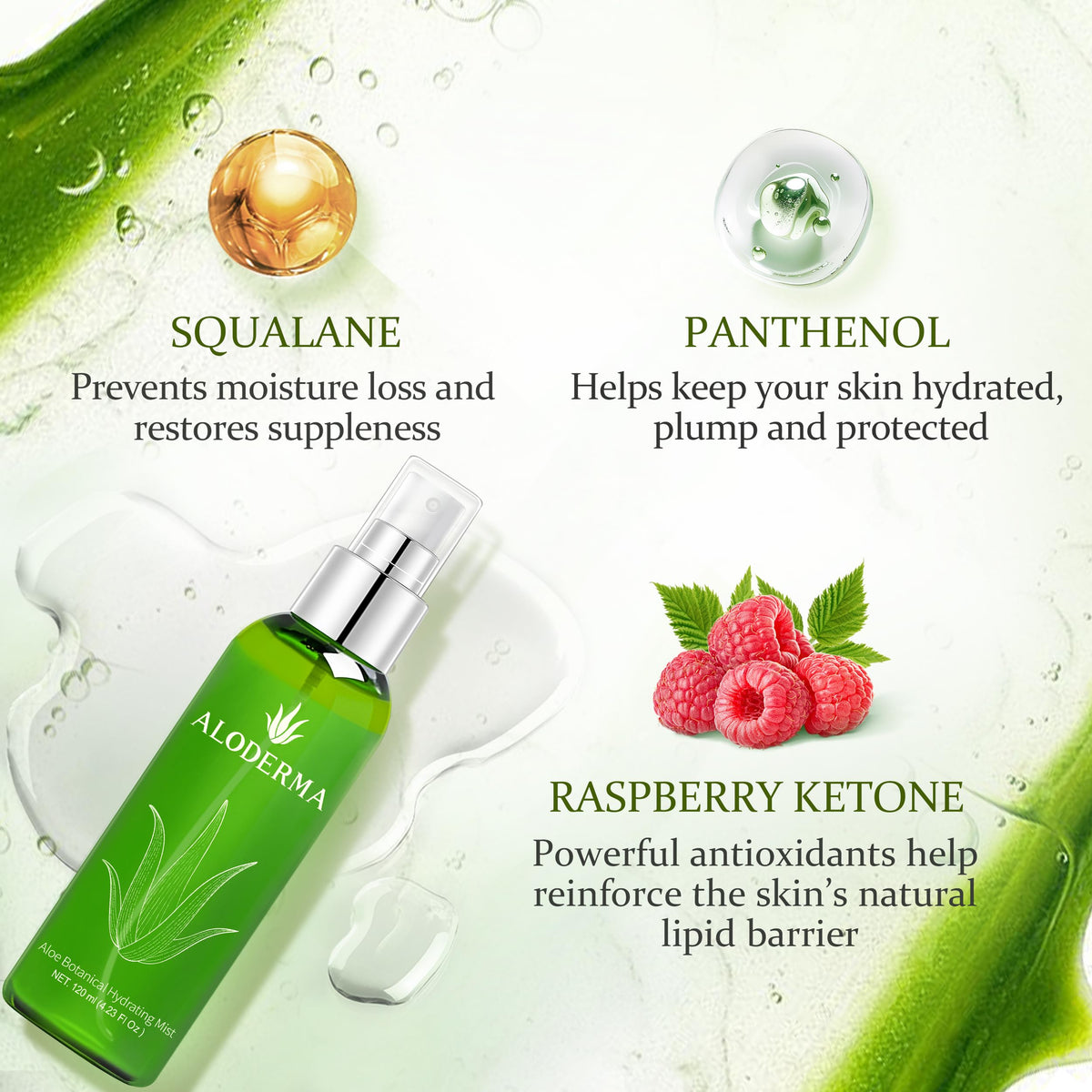 Aloderma fresh aloe juice texture pour highlighting organic ingredient benefits