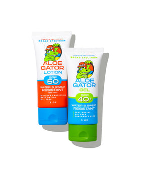 Aloe Gator on towel with sunglasses evoking everyday sun-ready convenience