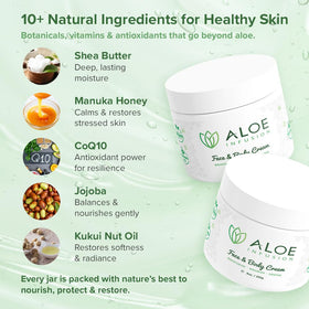 Bottles of shea, jojoba, rosehip near Aloe Infusion showing natural ingredients
