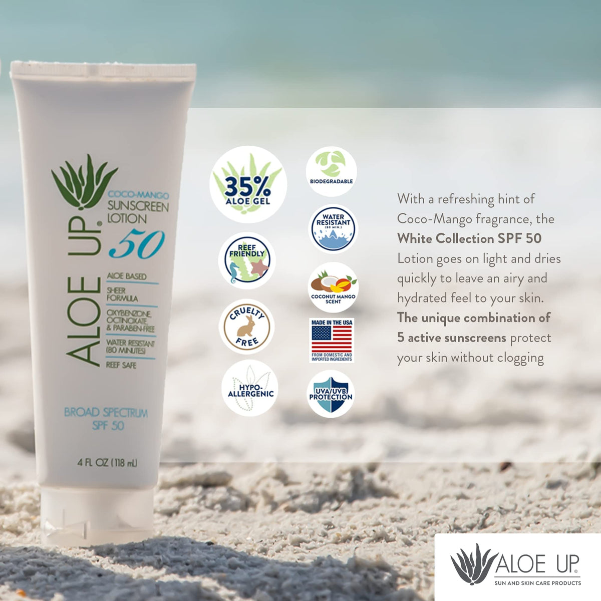 ALO E UP in a beach setting illustrating sun protection during activities
