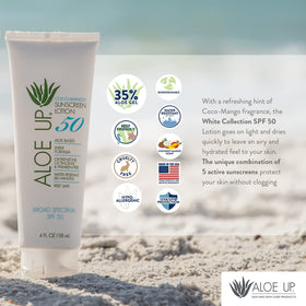ALO E UP in a beach setting illustrating sun protection during activities