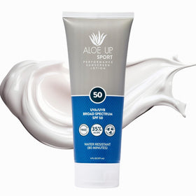 Aloe Up front packaging 6 oz showing SPF 50 and sport lotion benefits