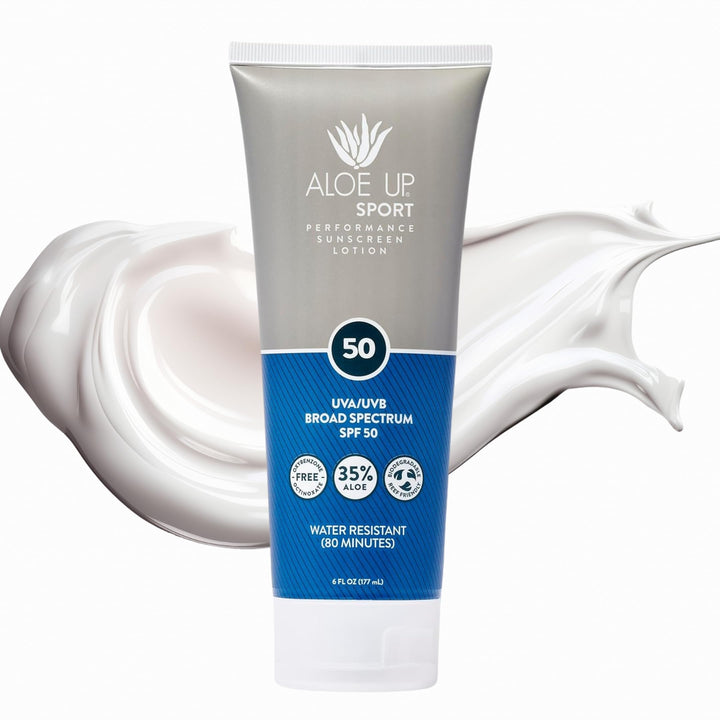 Aloe Up front packaging 6 oz showing SPF 50 and sport lotion benefits