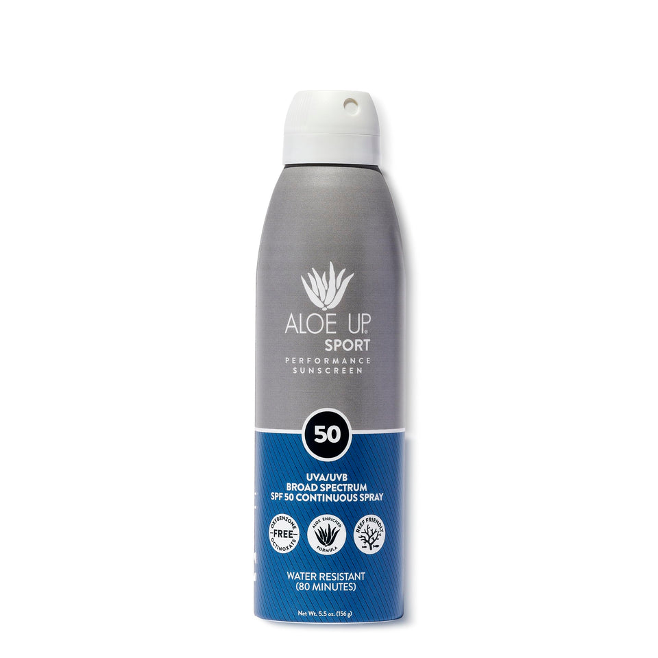 ALOE UP front packaging 6 oz bottle showing clear sport spray and SPF benefit