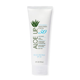 ALO E UP front packaging showing coco mango scent and SPF 50 protection