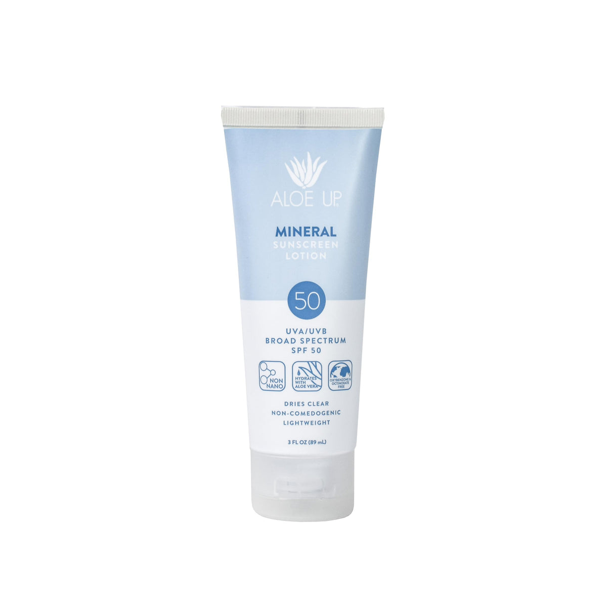 Aloe Up front packaging showing SPF 50 and coco-mango scent, clear protection