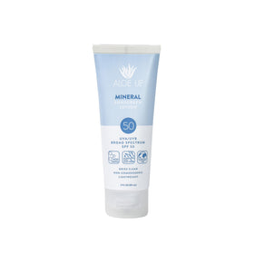 Aloe Up front packaging showing SPF 50 and coco-mango scent, clear protection