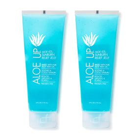 ALOE UP front packaging showing two 4 oz bottles and clear gel benefit