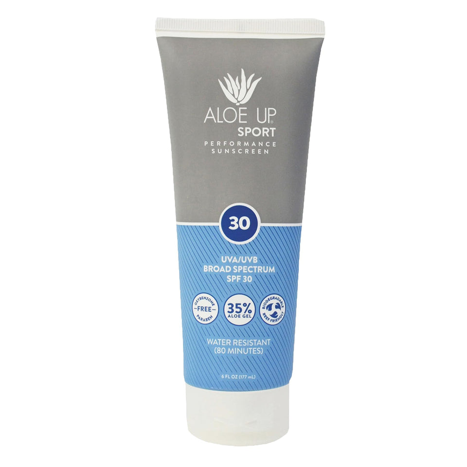 Aloe Up front pouch showing SPF 30 and product name, clear protection benefit