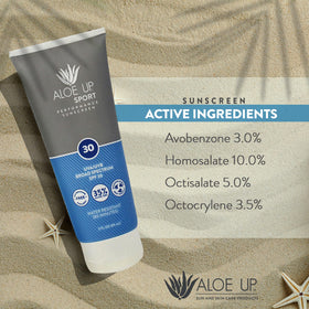 Close-up of Aloe Up ingredient label highlighting aloe content
