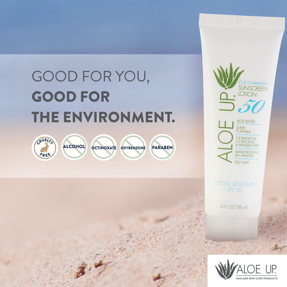 ALO E UP label close-up showing SPF 50 and gentle ingredient advantages