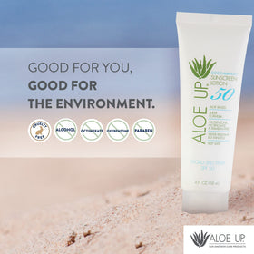 ALO E UP label close-up showing SPF 50 and gentle ingredient advantages