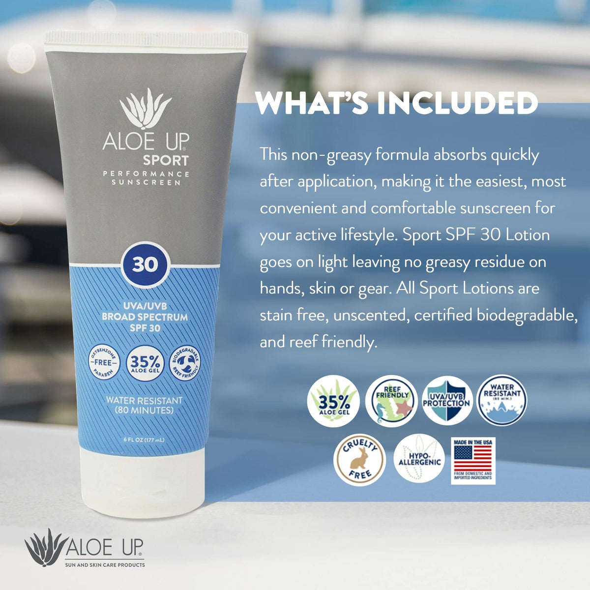 Aloe Up pump dispensing lotion illustrating easy, mess-free application