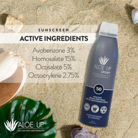 ALOE UP bottle beside a hand for scale showing portable 6 oz convenience