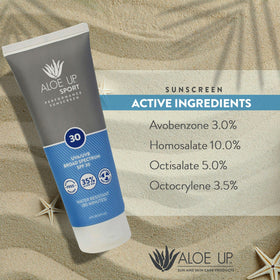 Aloe Up held in hand for size comparison, portable sunscreen convenience