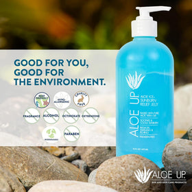 ALOE UP next to a measuring tape showing the 16 oz size for long-lasting use
