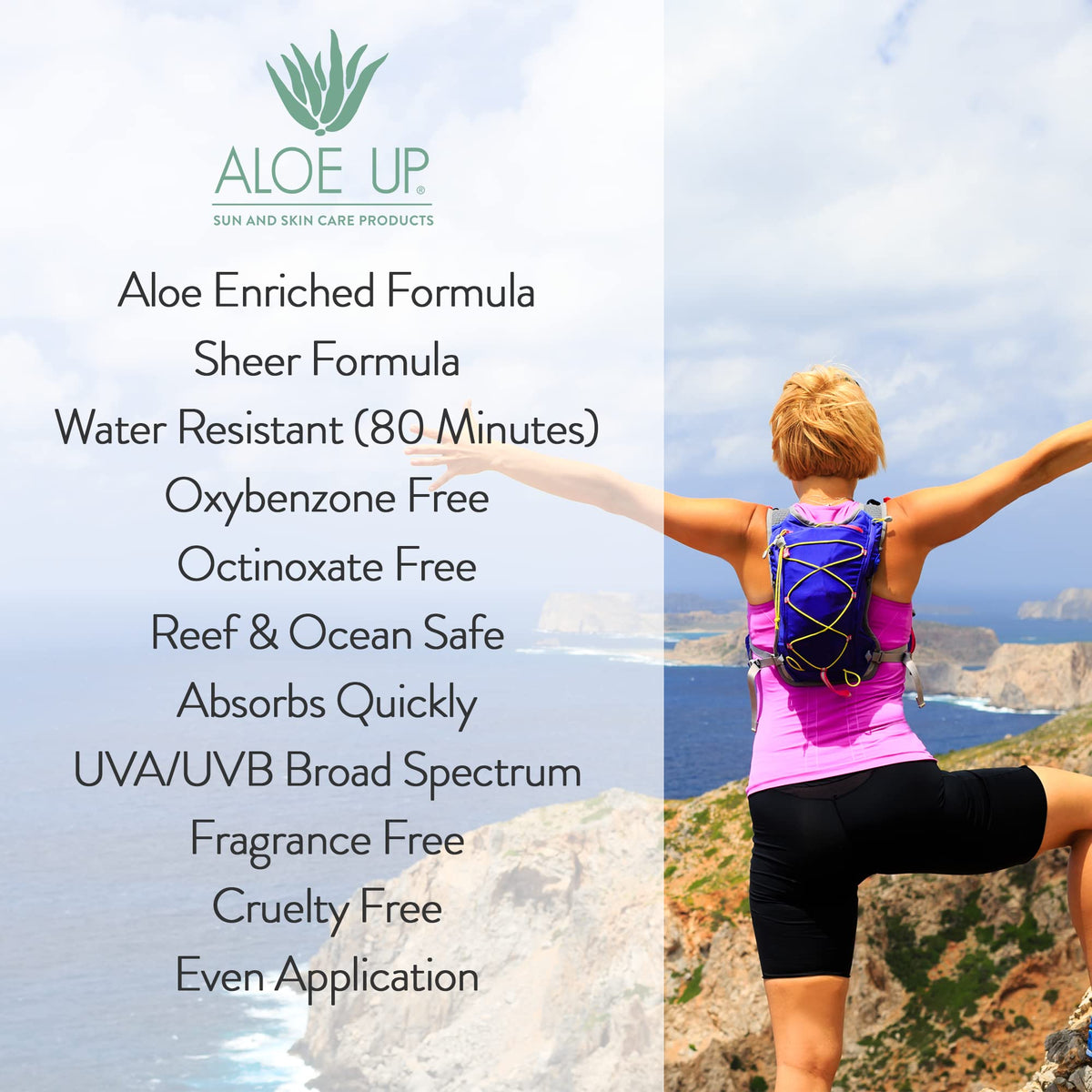 ALOE UP bottle next to a hand to show compact 6 oz size portability
